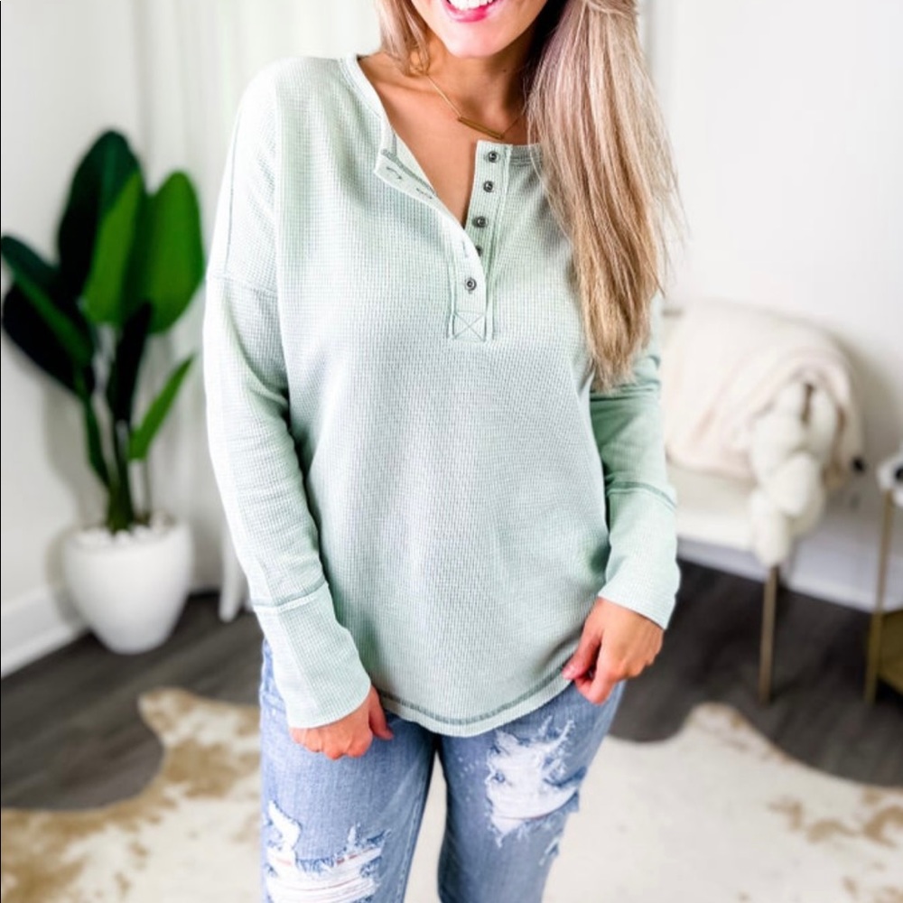 143 Story by Line Up - Thermal Knit Button Up Long Sleeve Top - 1X - Sage